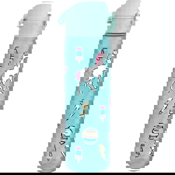 A turquoise water bottle featuring colorful graphics of unicorns, popsicles, lightning bolts, and striped spheres displayed against a white background