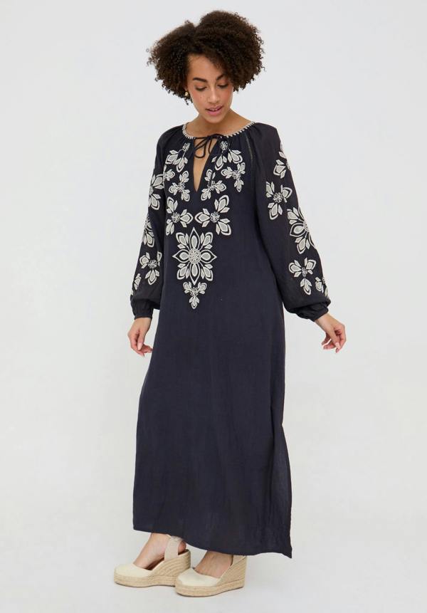 Elisa Kaftan Style Embroidered Maxi Dress In Navy - image 4