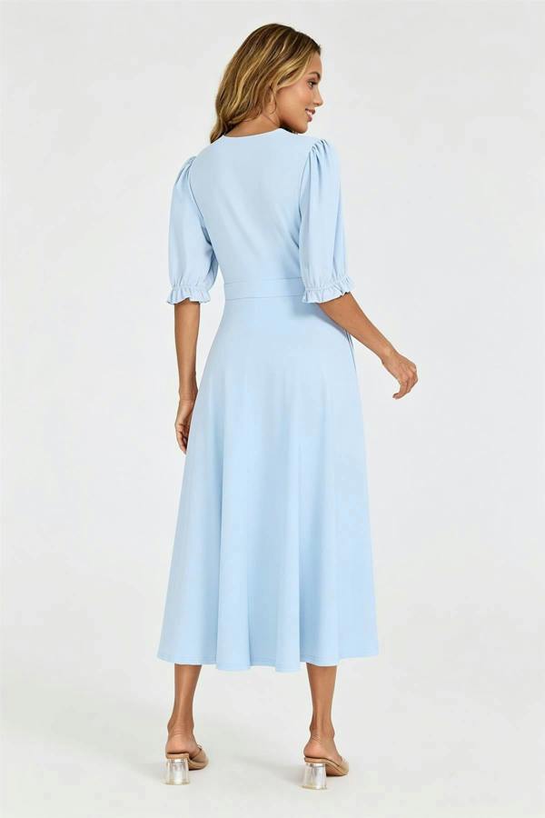 FS Collection Half Sleeves Jersey Midi Dress with Wrap Neckline In Pale Blue