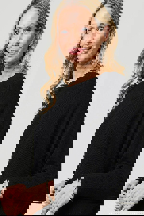 Black | Lace Trim V-Back Boat Neck Jumper Top
