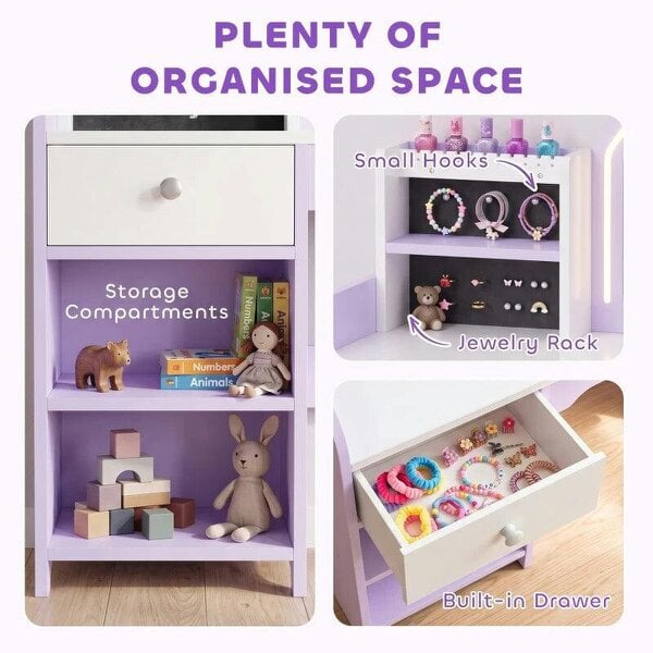 Kids Vanity Set, Kids Dressing Table with Stool, 2-Colour Lights Mirror, Pretend Dresser Gift for Ages 3-8, Purple
