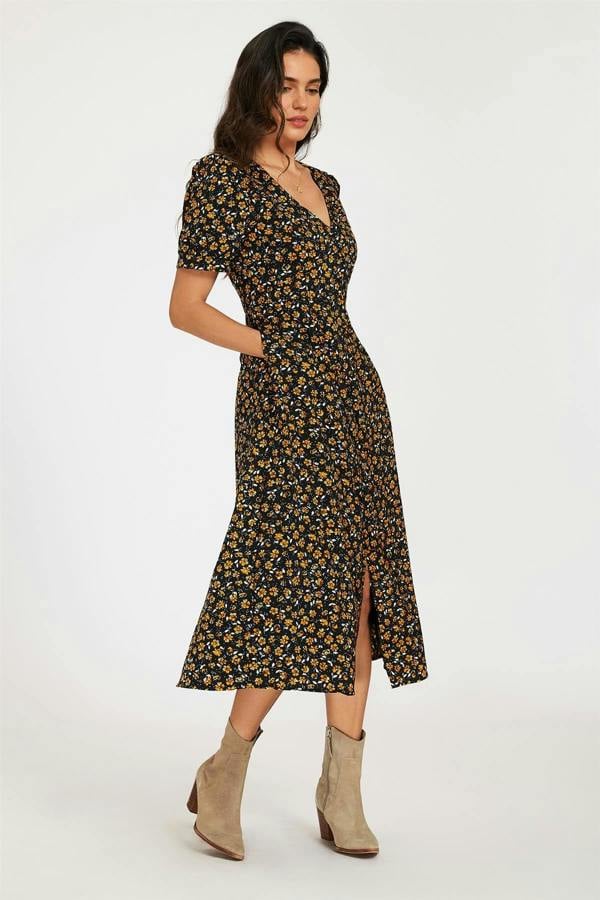 FS Collection Floral Print Button Front Puff Sleeve Midi Dress In Black