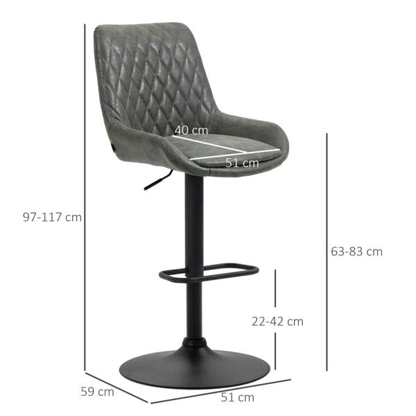 Dark grey bar stool with quilted backrest, round footrest, and height-adjustable base