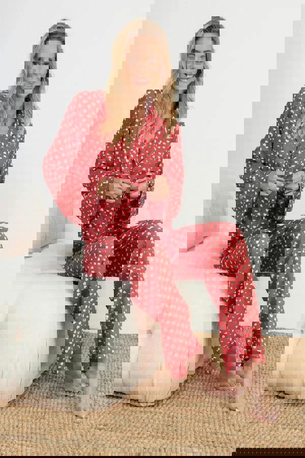 WOVCOR 2-Piece Heart Print Viscose Woven Pajama Set with Tie Detail