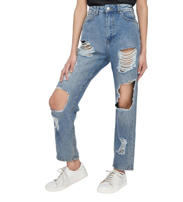 Smart Living Women's High-Waist Multi-Rip Mom Jeans - Mid Wash