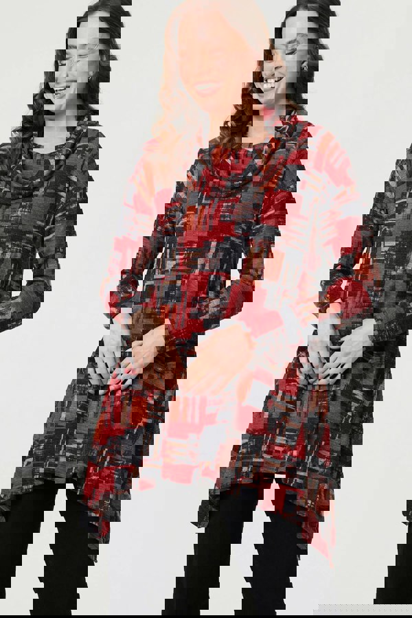 Red | Printed Long Sleeve Cowl Neck Tunic Top
