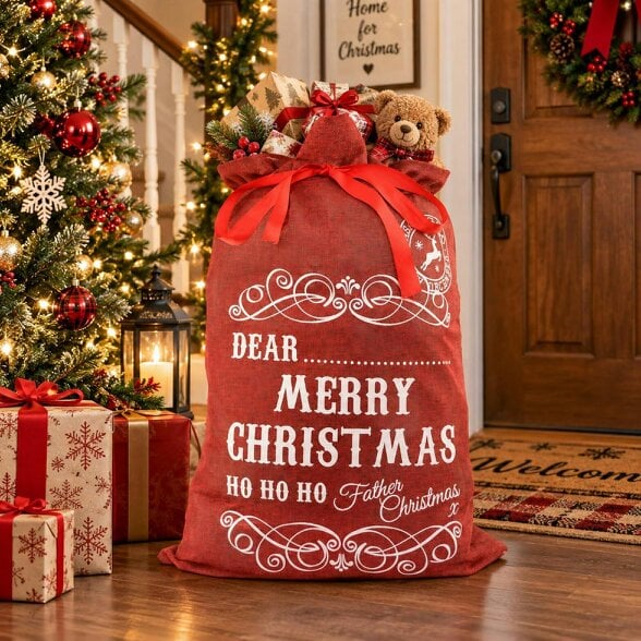 Shatchi 31cm Red Christmas Gift Sack with Ribbon Tie for Personalised Festive Present Wrapping