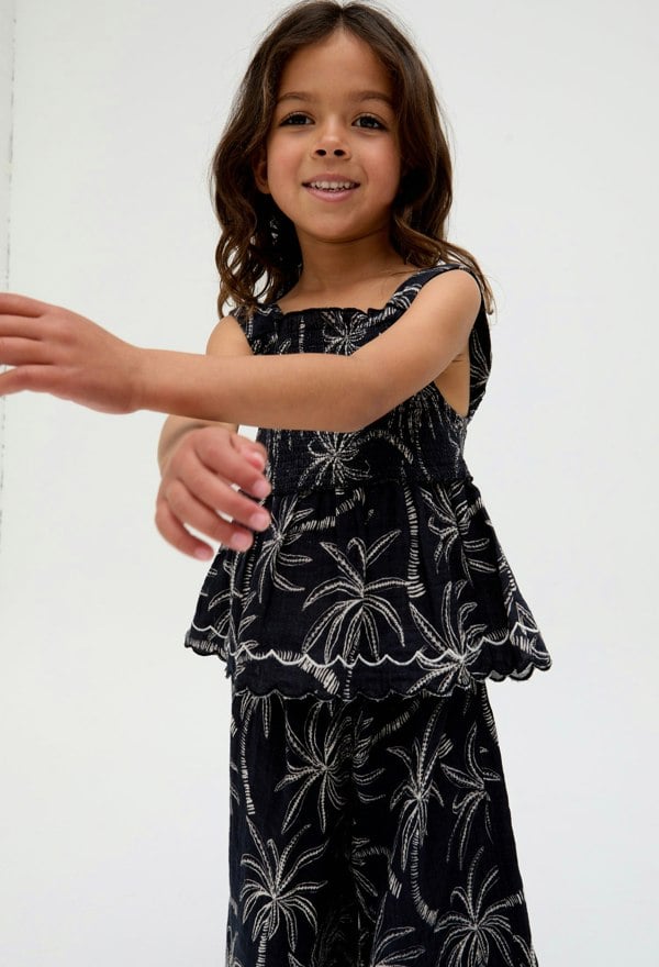 Kids Sia Shirred Floral Print Co-Ord top and trouser Set In Black - image 4