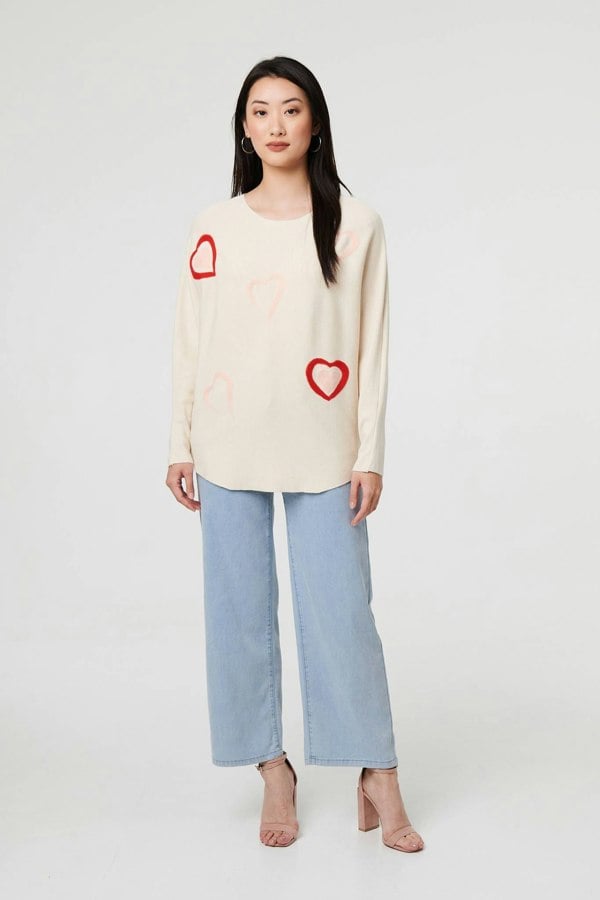 Beige | Heart Print Batwing Sleeve Jumper
