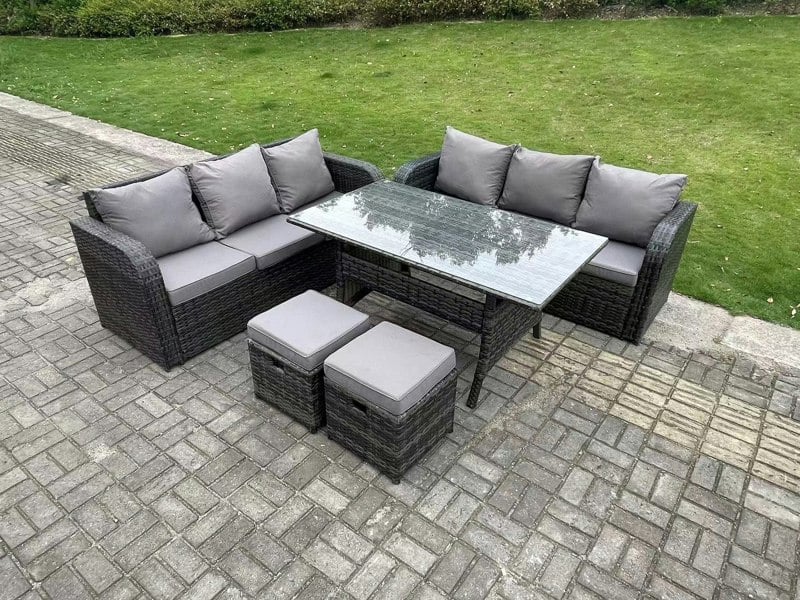 Fimous Dark Grey PE Wicker Rattan Garden Furniture Set Lounge Sofa 3 Seater Sofa Set Outdoor Rectangular Dining Table With 2 Stools 8 Seater