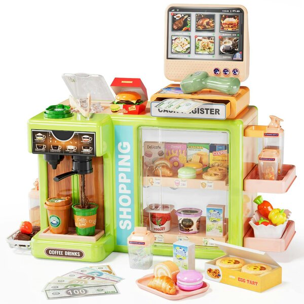 deAO Toys  Kids Supermarket Playset with Cash Register & Coffee Maker Pretend Grocery Store Toy with Accessories(Green)