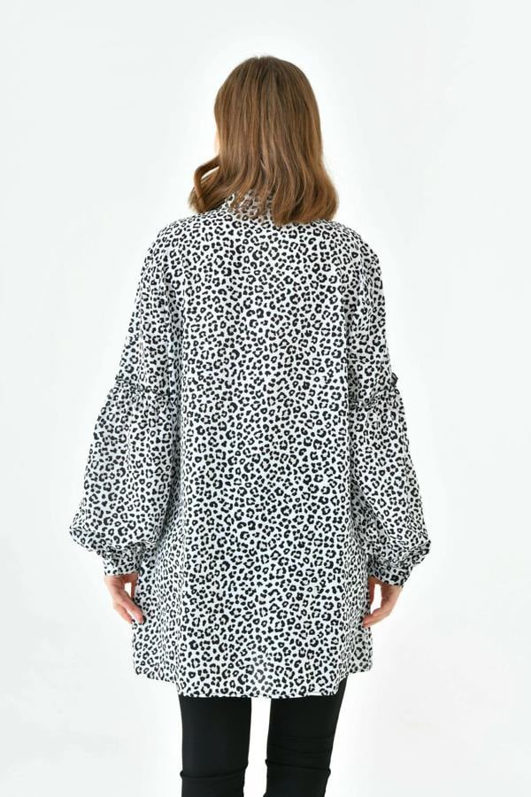 Hoxton Gal Oversized Balloon Sleeves Shirt Tunic with Leopard Print in Brown and Black