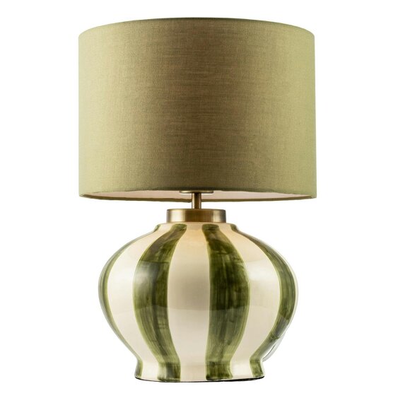 Happy Homewares Hand Brushed Olive Green Striped Ceramic Table Lamp with Fabric Shade