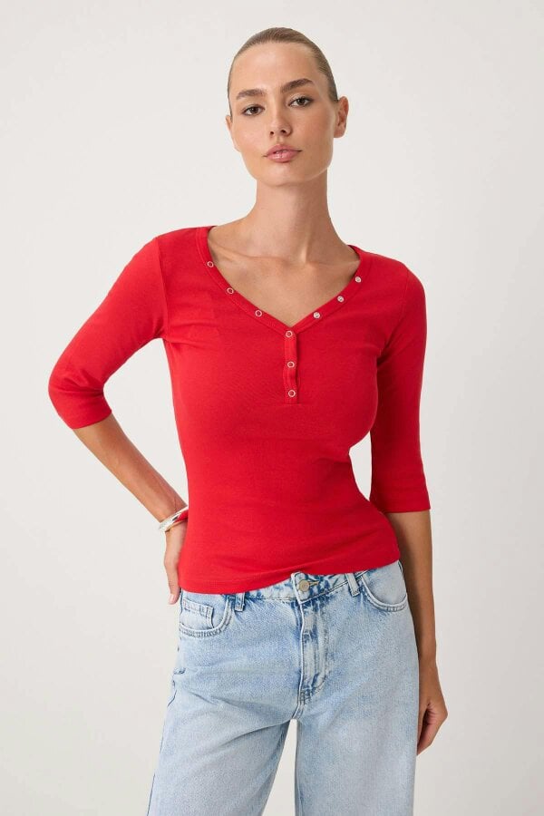 WOVCOR Fitted V Neck Button Front Ribbed Long Sleeve Blouse - Red