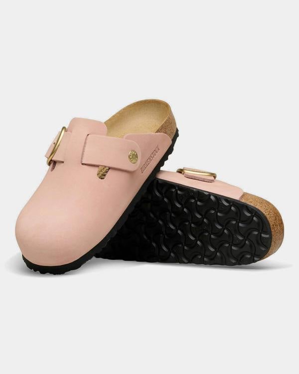 Birkenstock Boston Big Buckle Nubuck Leather Womens Clogs - Soft Pink | CHO | Designer Womens Clogs
