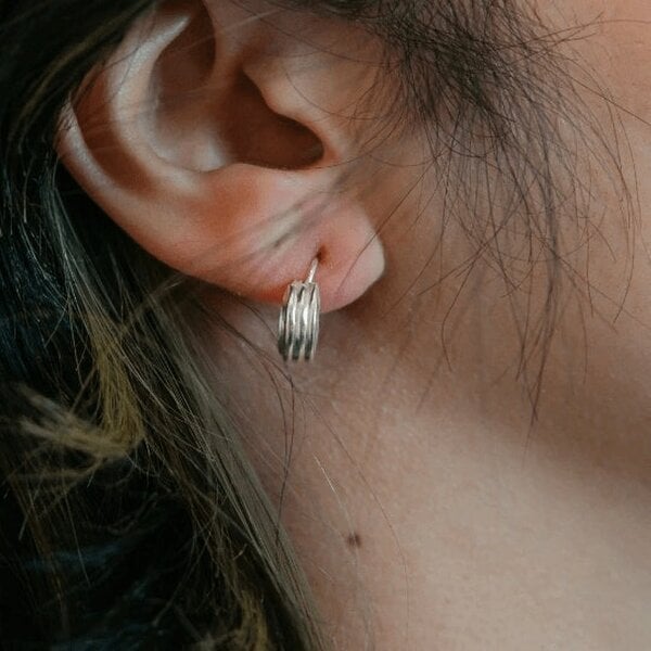 The Colourful Aura Pure Silver Small Stripe Wide Bali Lightweight Dainty Unisex Punk Hoop Earring