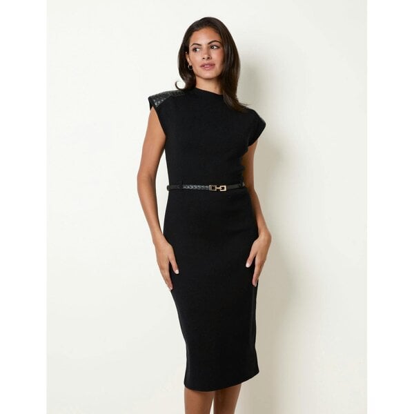 Blue Vanilla Sleeveless Woven PU Leather Detailed Shoulder Midi Dress With Belt