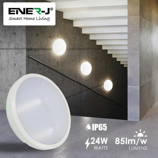 ENER-J 24W LED Bulkhead Ceiling Light IP65 Waterproof, 2000 Lumens, 4000K Cool White, Round Ceiling Light for Bathroom, Kitchen, Hallway & Porch