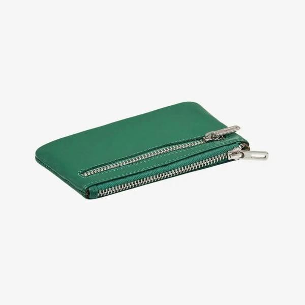 Green leather coin purse for women with double zip closure