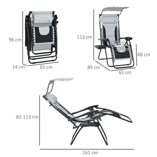 Grey zero-gravity lounge chair with recline frame, shown with overall measurements