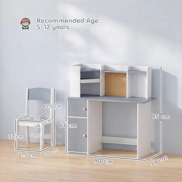 Kids Desk and Chair Set Storage Shelves Kids Desk Adjustable Tablet Stand Cork Board Pen Holder Grey