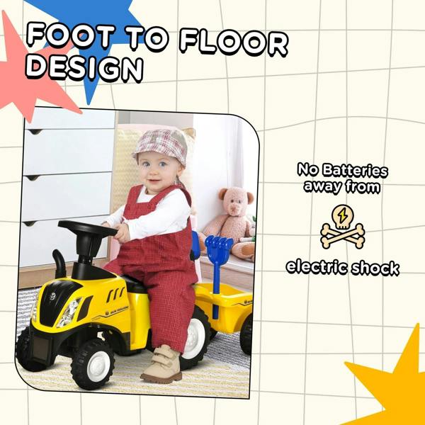 Yellow ride-on tractor walker with blue steering handle, black seat, and foot-to-floor design