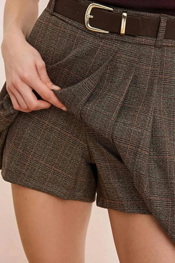 WOVCOR Belted Mini Plaid Pleated Skirt with Shorts Lining