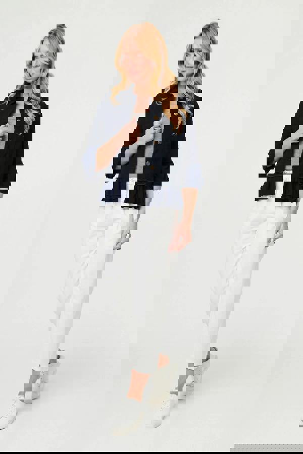 Navy | Frilled Hem 3/4 Flare Sleeve Shirt