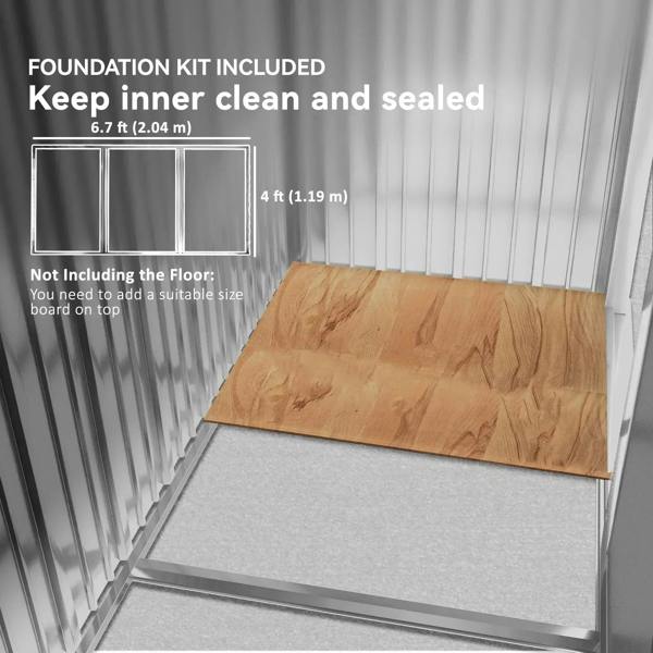 Metal storage shed interior showing foundation kit base and wooden floor panel