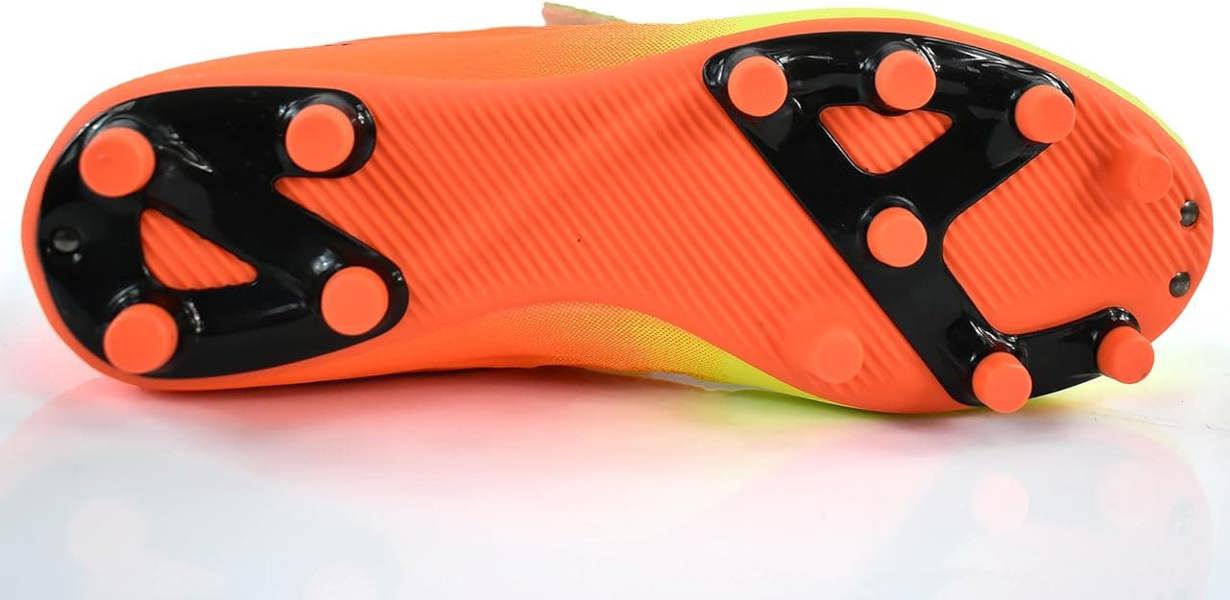 Orange Optimum Ignisio football boot, sole view showing black moulded studs and orange outsole, on white - Optimum