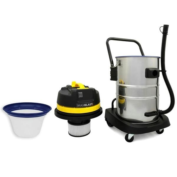 60L wet and dry vacuum with stainless steel body, yellow motor, and included gutter vacuum poles for versatile cleaning tasks