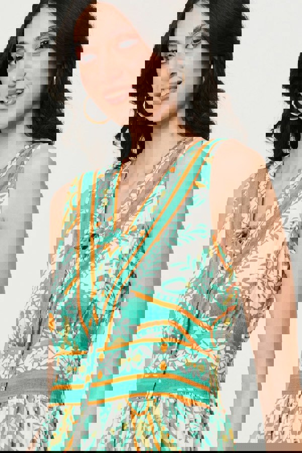 Green | Printed Sleeveless Tie Empire Maxi Dress
