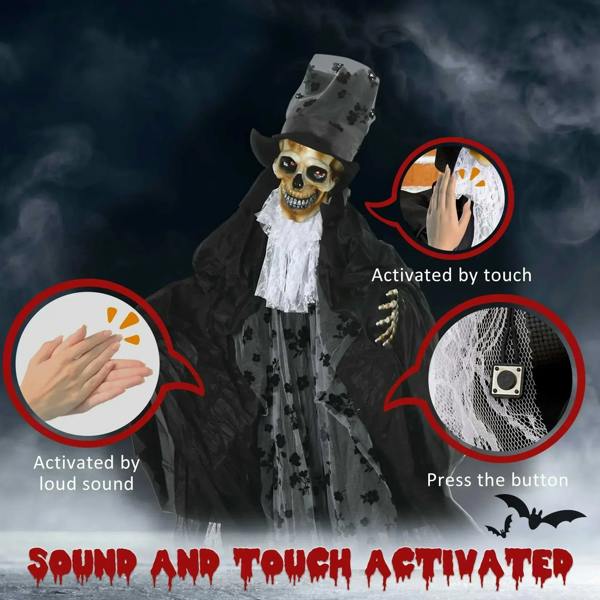 Black ghost bridegroom prop with glowing eyes, top hat, and touch-activated button
