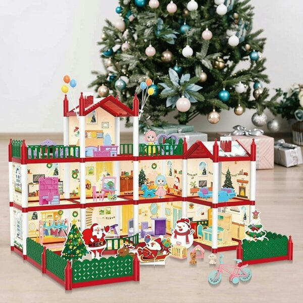 deAO Toys Christmas Doll House Playset – 3D DIY Two-Floor Dream House with Garden & Accessories Pretend Play Princess House Gift for Kids Ages 3+