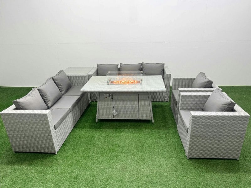 Fimous 8 Seat PE Rattan Lounge Sofa Set Outdoor Garden Furniture Set with Fire Pit Dining Table 3 Seater Sofa Side Table Light Grey
