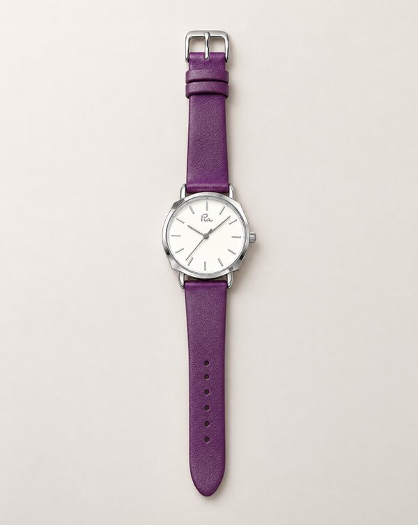 Pia Purple Leather Watch, Silver-Tone Round Case, Quartz Analogue