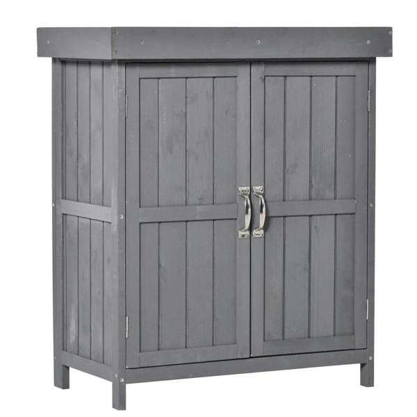 Dark gray wooden garden storage shed with double doors and metal latch