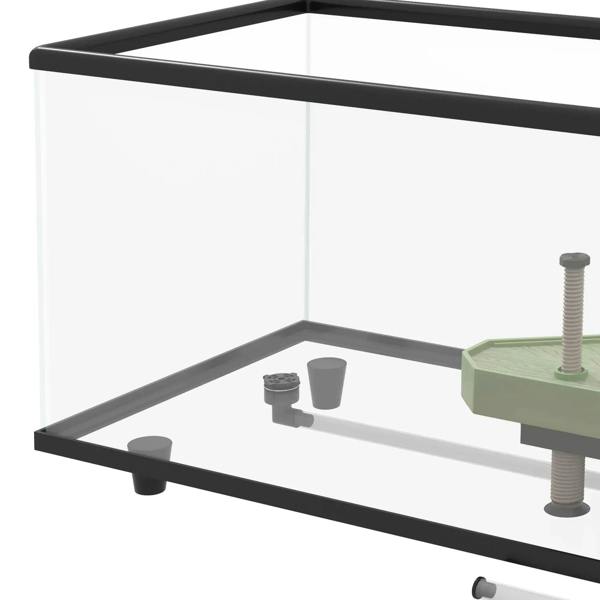 Turtle tank interior with black frame, suction cups, and drainage bucket accessories