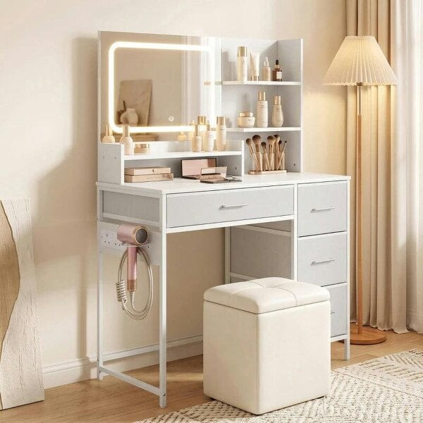 Dressing Table with 3-Colour LED Mirror, Power Outlet, Vanity Desk with 4 Drawers, 5 Shelves, Hair Dryer Holder - White