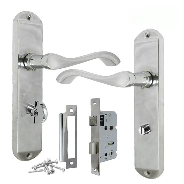 EDH Door Hardware Cadenza Victorian Scroll Door Handles Polished Chrome – Lever Latch, Bathroom Lock & 3 Lever Lock Sets - Bathroom Handle + Bathroom Lock