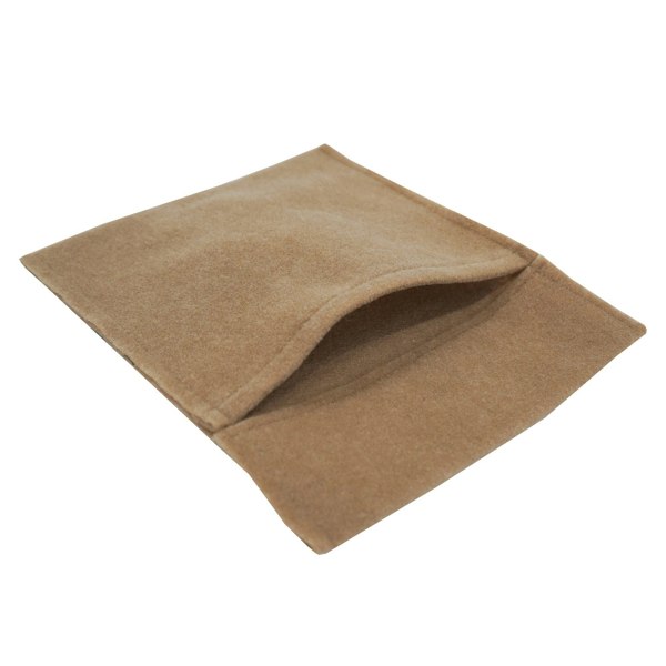 Beige storage pouch made of soft felt material, featuring a simple, open design for easy access and organization