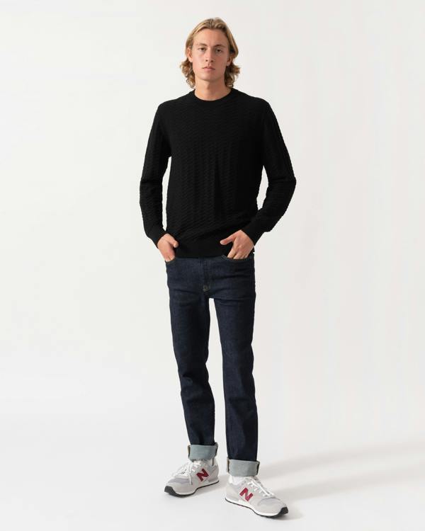 Model wearing the HUGO Simond Mens Crew Neck Jumper - Black 001