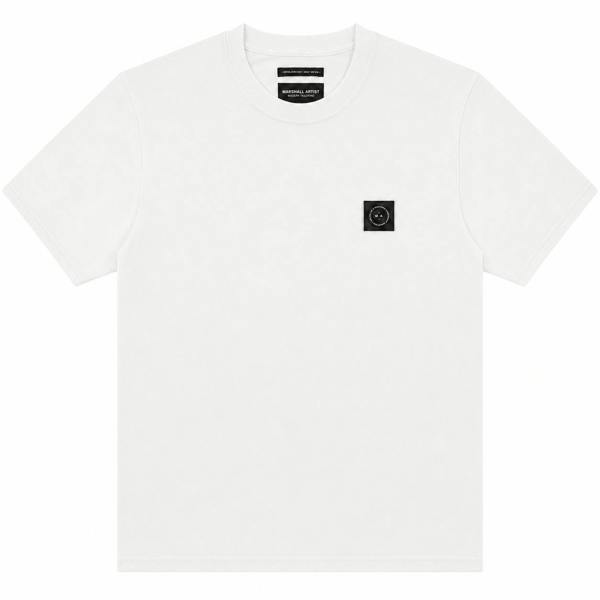White Marshall Artist Siren crew neck t-shirt featuring a black branded chest patch and short sleeves.
