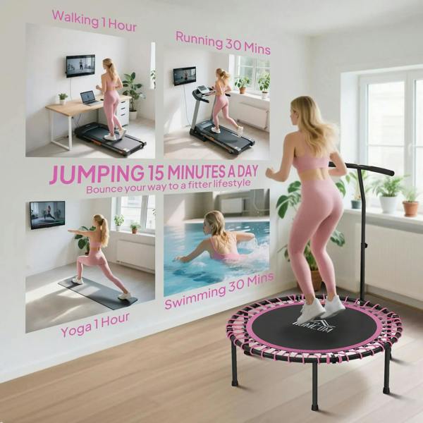 Pink mini trampoline with adjustable handle used for bouncing indoors