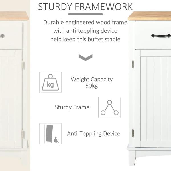 White cabinet side view with light wood top, black handles, and anti-tipping device