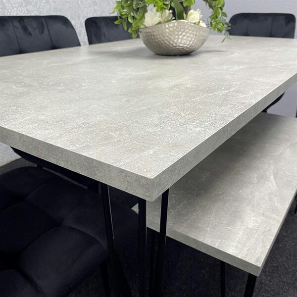 Kosy Koala Grey Dining Table with Hairpin Legs, Bench & 4 Black Velvet Chairs Set for Kitchen & Dining Room