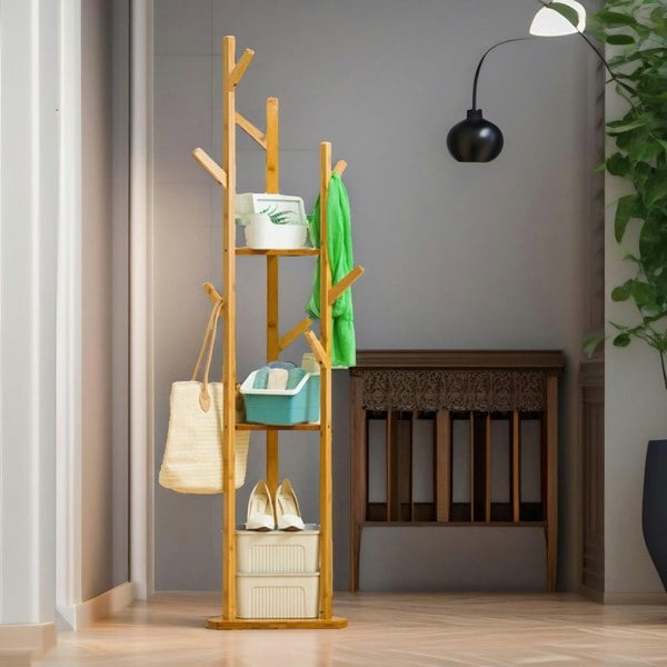 Rafaelo Mobilia Bamboo Coat Stand With 9 Hooks & 2 Shelves