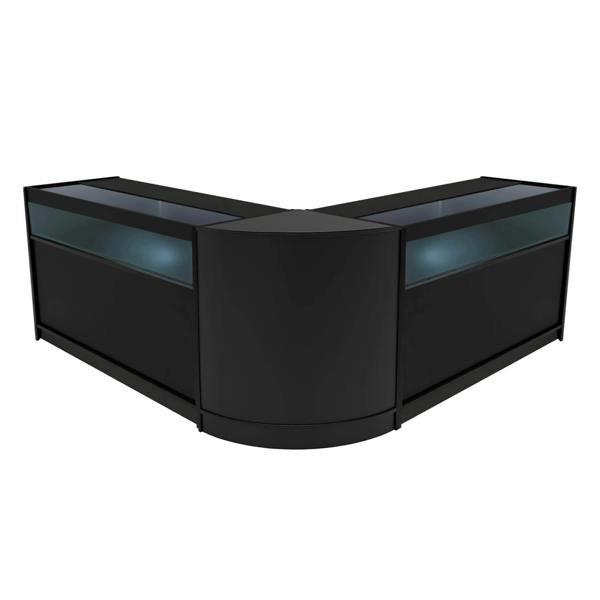 Black Iris LED shop counter set featuring two display cases with glass tops, sleek design, and modern LED lighting for enhanced visibility