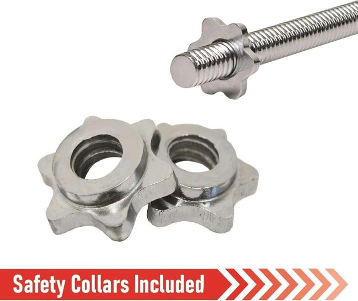 Silver spinlock collars for a 1.2m EZ barbell, featuring a star-shaped design for secure weight attachment and safety