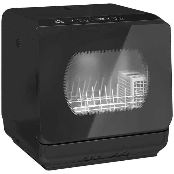 Black mini countertop dishwasher with visible interior rack